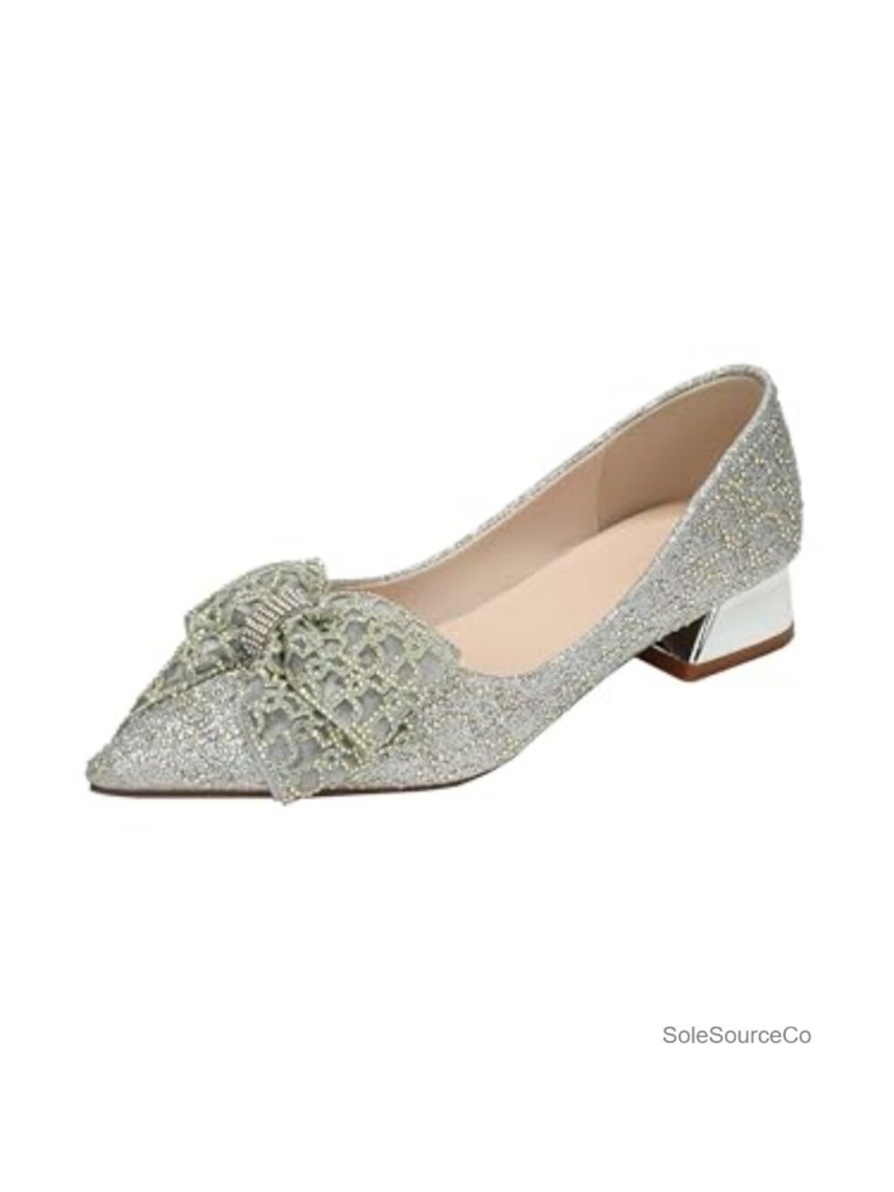 Women's Pointed Toe Block Heels Pumps Rhinestone Bow Dress Shoes Faux Leather